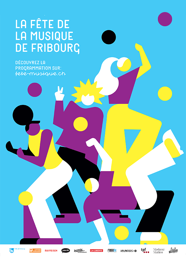 Affiche à fond bleu ciel avec des personnages simplifiés et colorés qui dansent.
