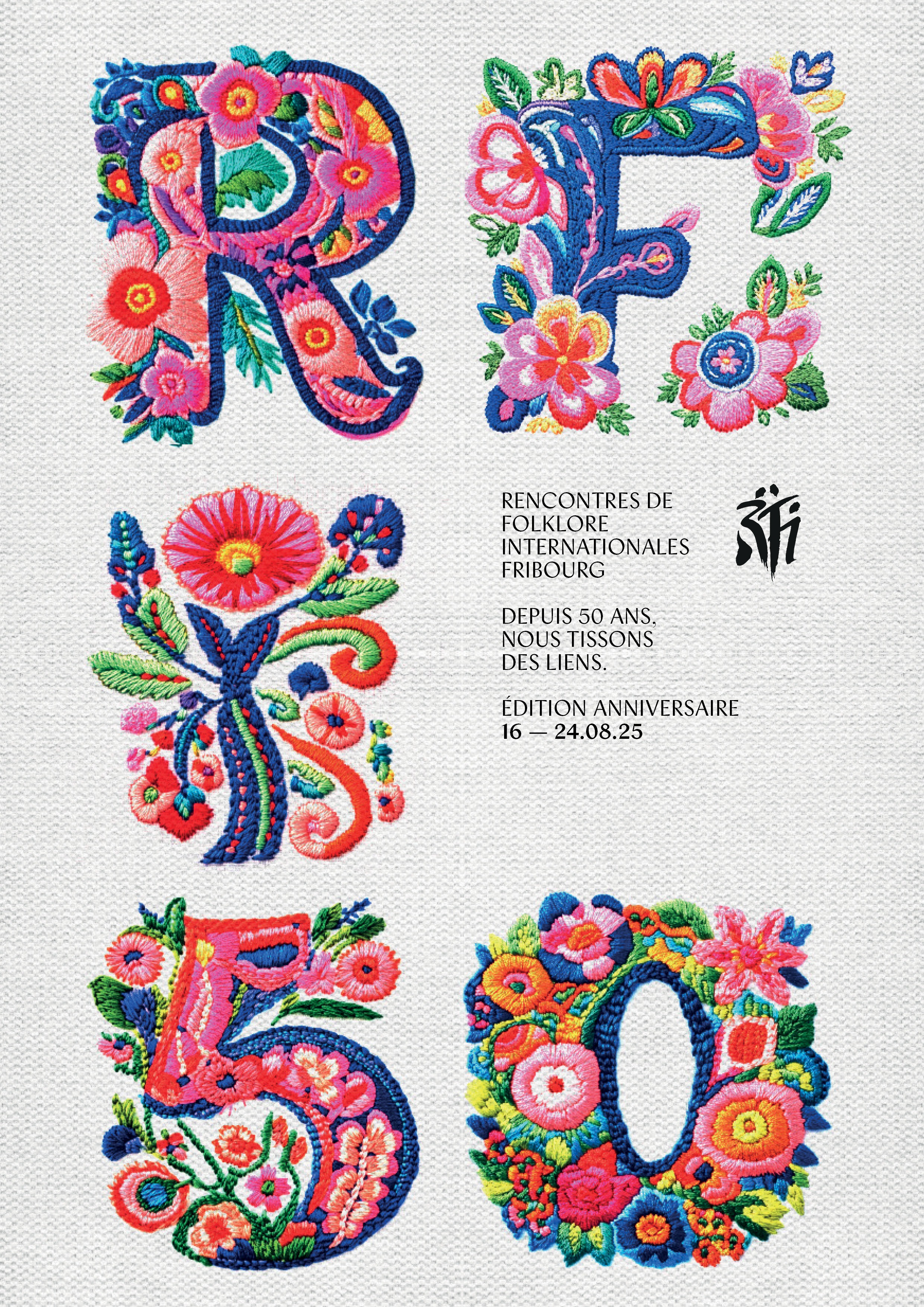 Couverture du programme des RFI. Il s'agit des lettres RFI et du numéro 50 brodés de fils colorés sur un fond blanc de l'aspect d'une trame pour broder.