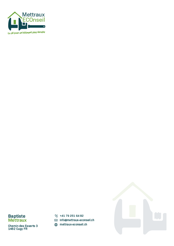 Papier à lettre avec en-tête et coordonnées de Mettraux-EConseils. Le logo, une clé à molette de couleur verte, figure en haut à gauche ainsi qu'en transparence en bas à droite.